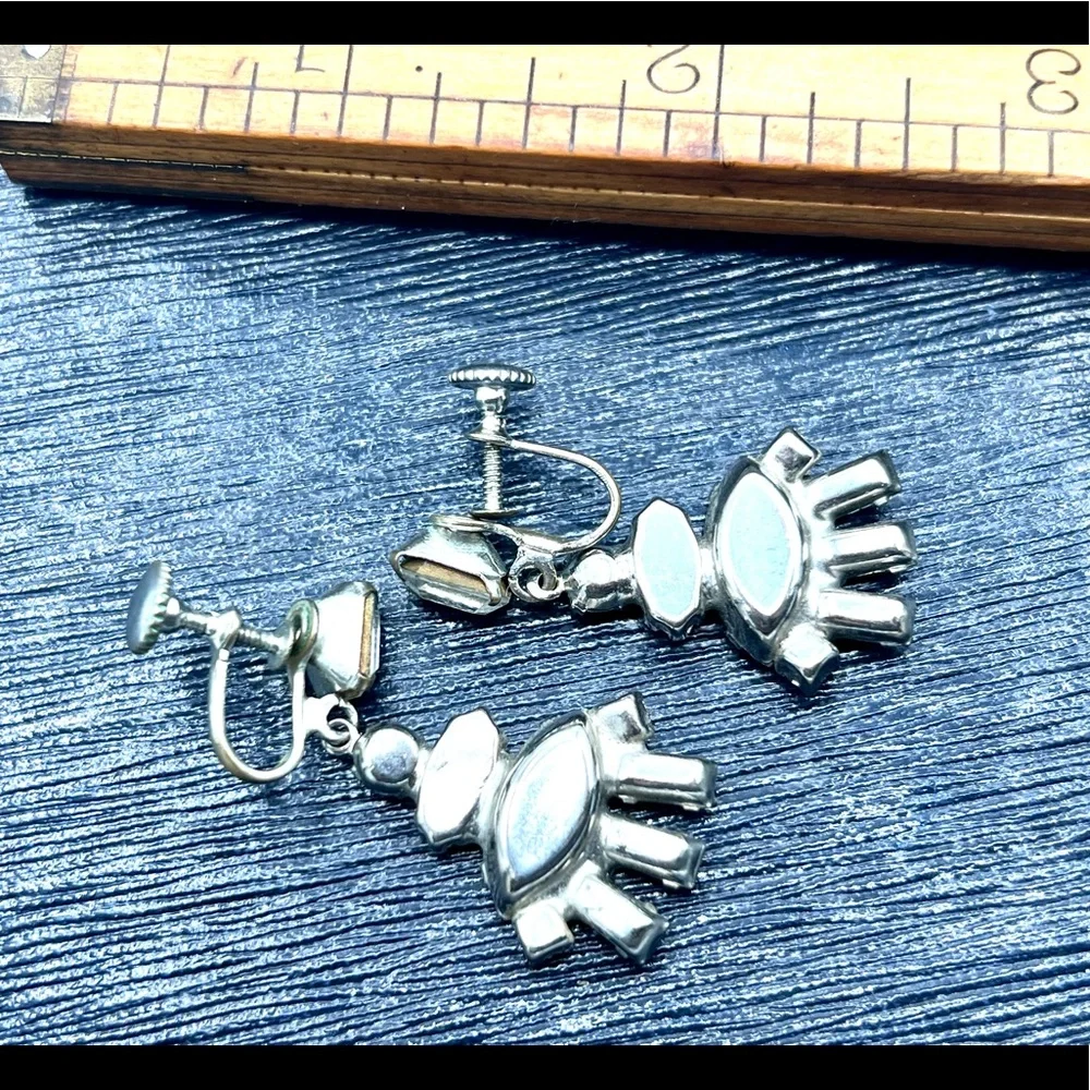 Vintage rhinestone clip on dangle silver costume earrings